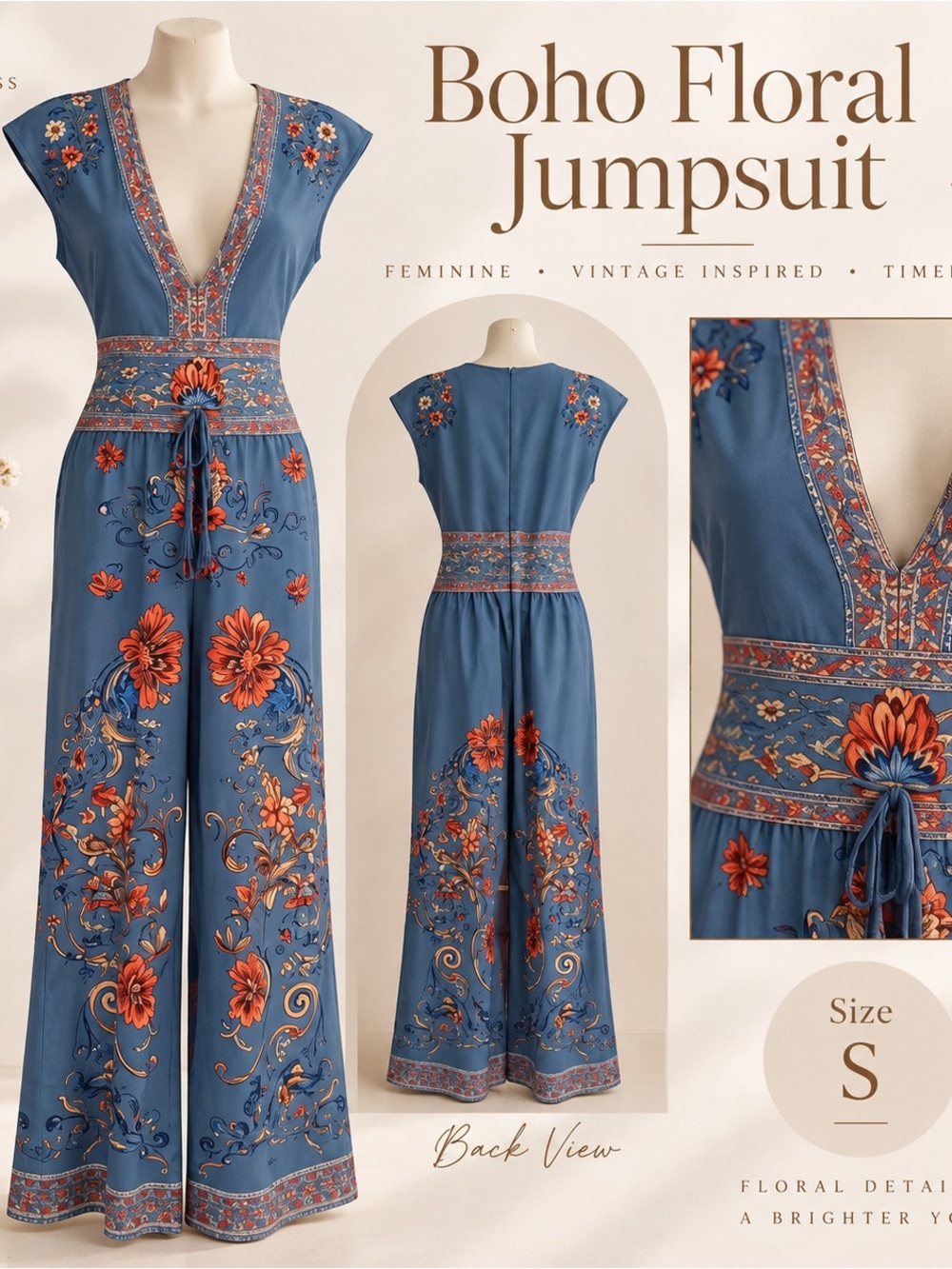 Blue Floral Palazzo Jumpsuit S Deep V Boho Resort Wide Leg